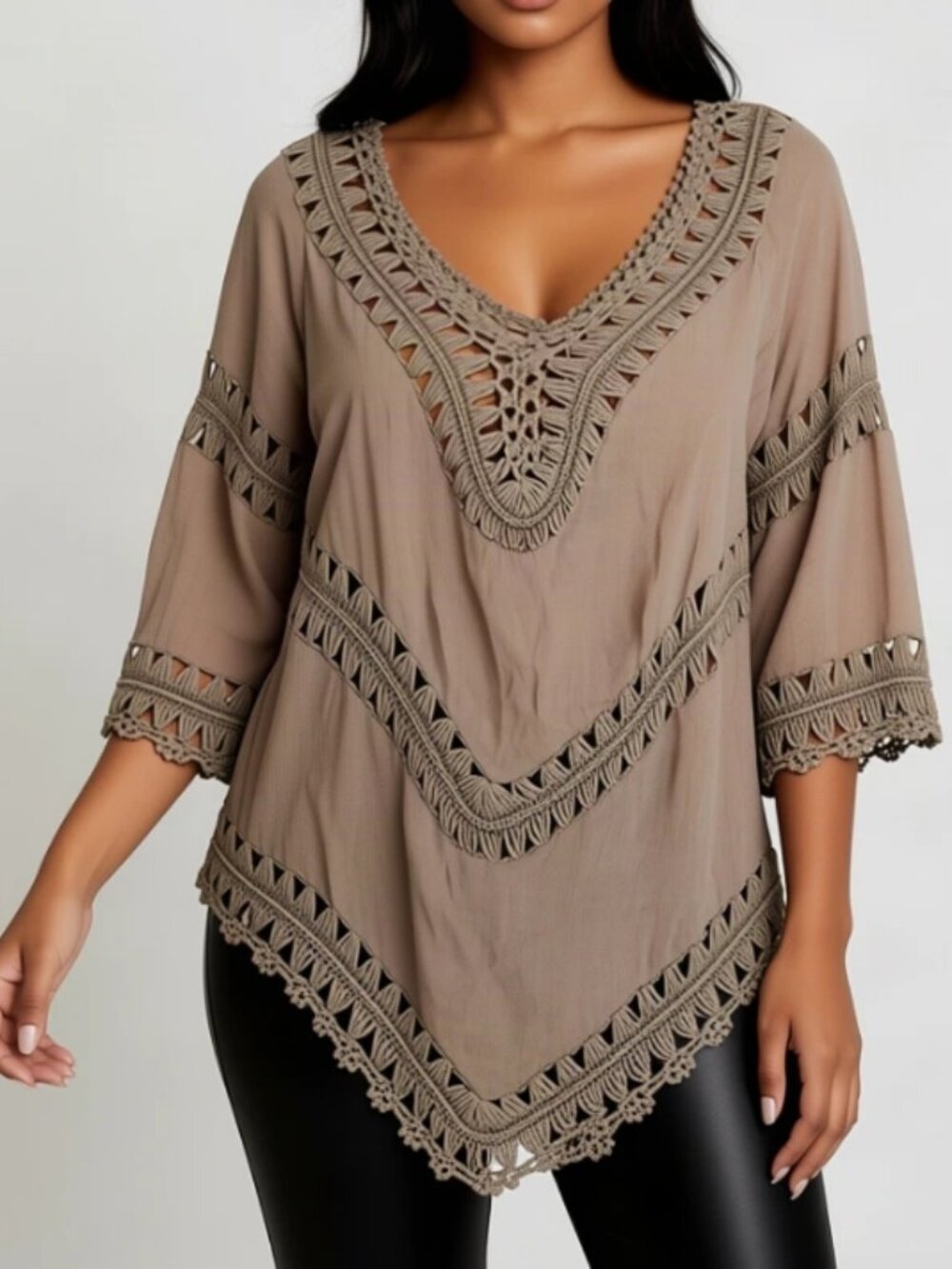 Active USA Crochet Lace Trim Taupe Brown Top Blouse S/M Festival Boho Peasant